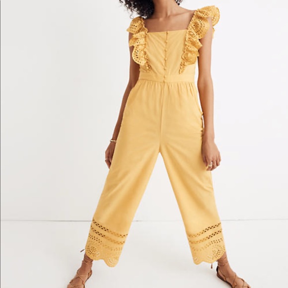 Madewell Pants - Madewell Eyelet Frilled-Strap Mustard Jumpsuit